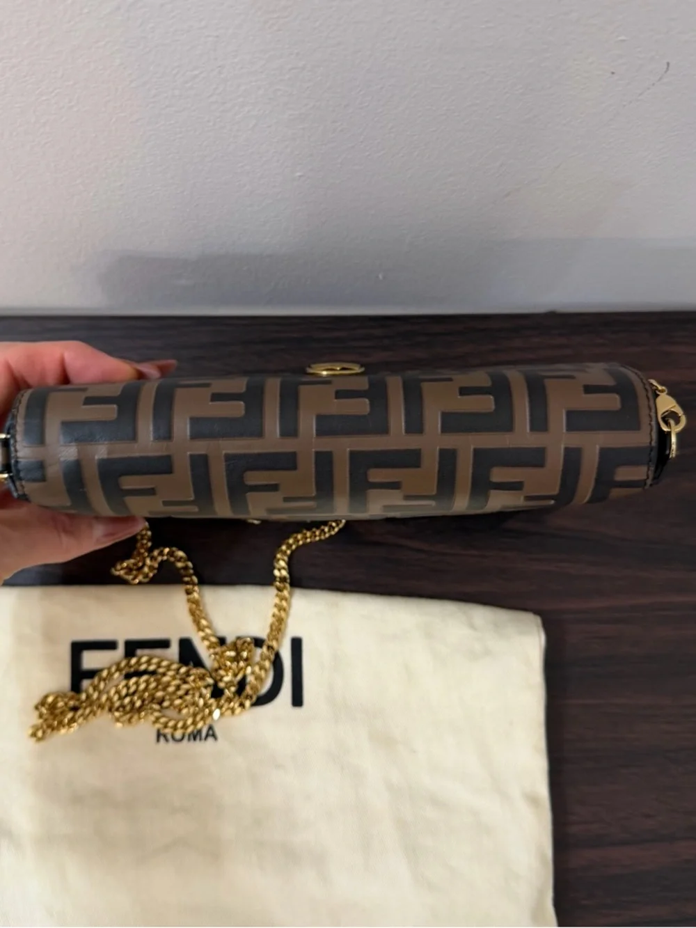 Fendi FF Zucca Wallet on Chain Brown Bicolor Gold Chain WOC 8BS032 - Picture 13 of 14